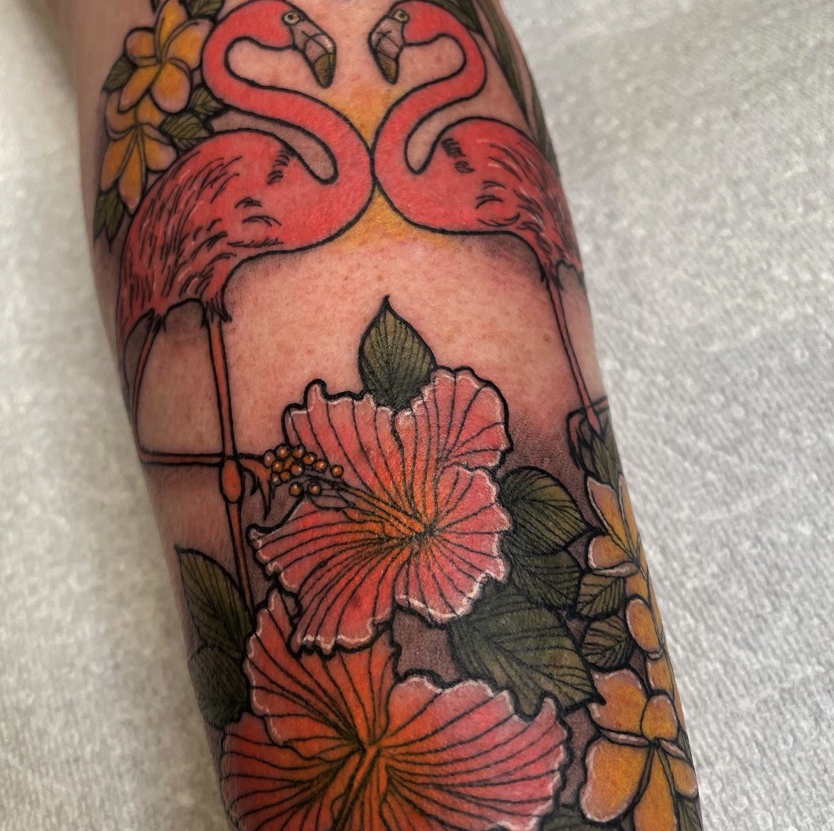 flamingo, tattoo, colour, pink flamingo, hawaiian flower, hibiscus, tropical tattoo